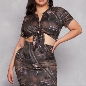 Stylish Brown Tie-Front Crop Top and Skirt Set